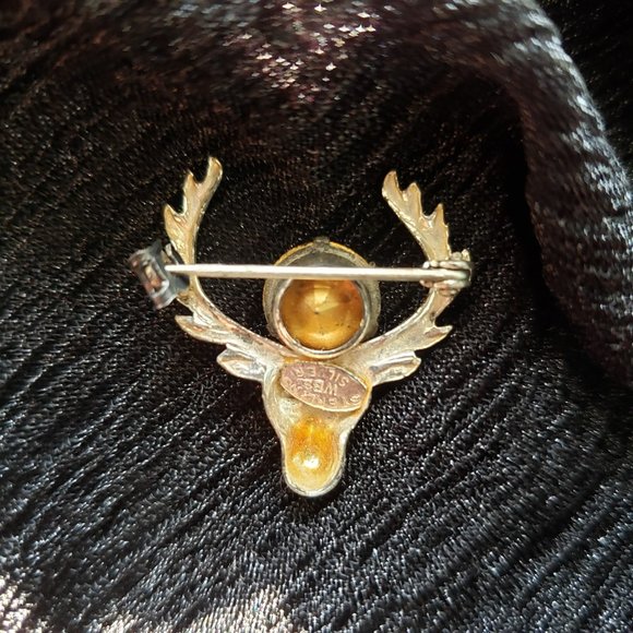 Vintage Sterling Silver Scottish Deer Stag With Orange Crystal Stone Bro… - Picture 3 of 8